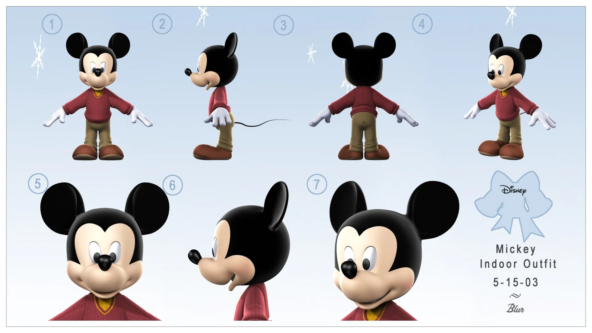 Mickey Mouse character model sheet showing full-body views and facial details