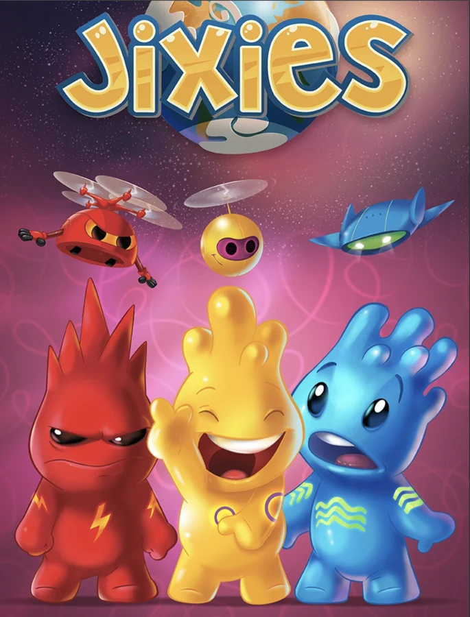 Original illustrated Jixies artwork featuring the cast and their story world